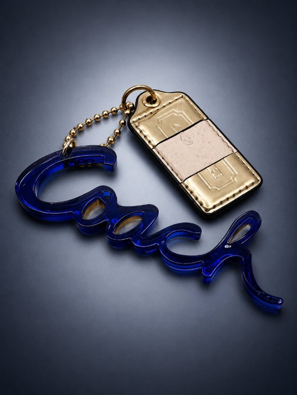 COACH Poppy Blue Acrylic Script Logo Bag Charm Keychain & Gold Tone Hangtag Rare - Picture 5 of 7